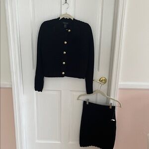 Rachel Zoe Black knit 2 pc suit Cardigan and skirt, Gold Buttons and rosette NWT